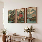 Japanese Art with Orange Sun and Flying Birds Triptych - Dark Brown Framed Poster No Border - Artworksets