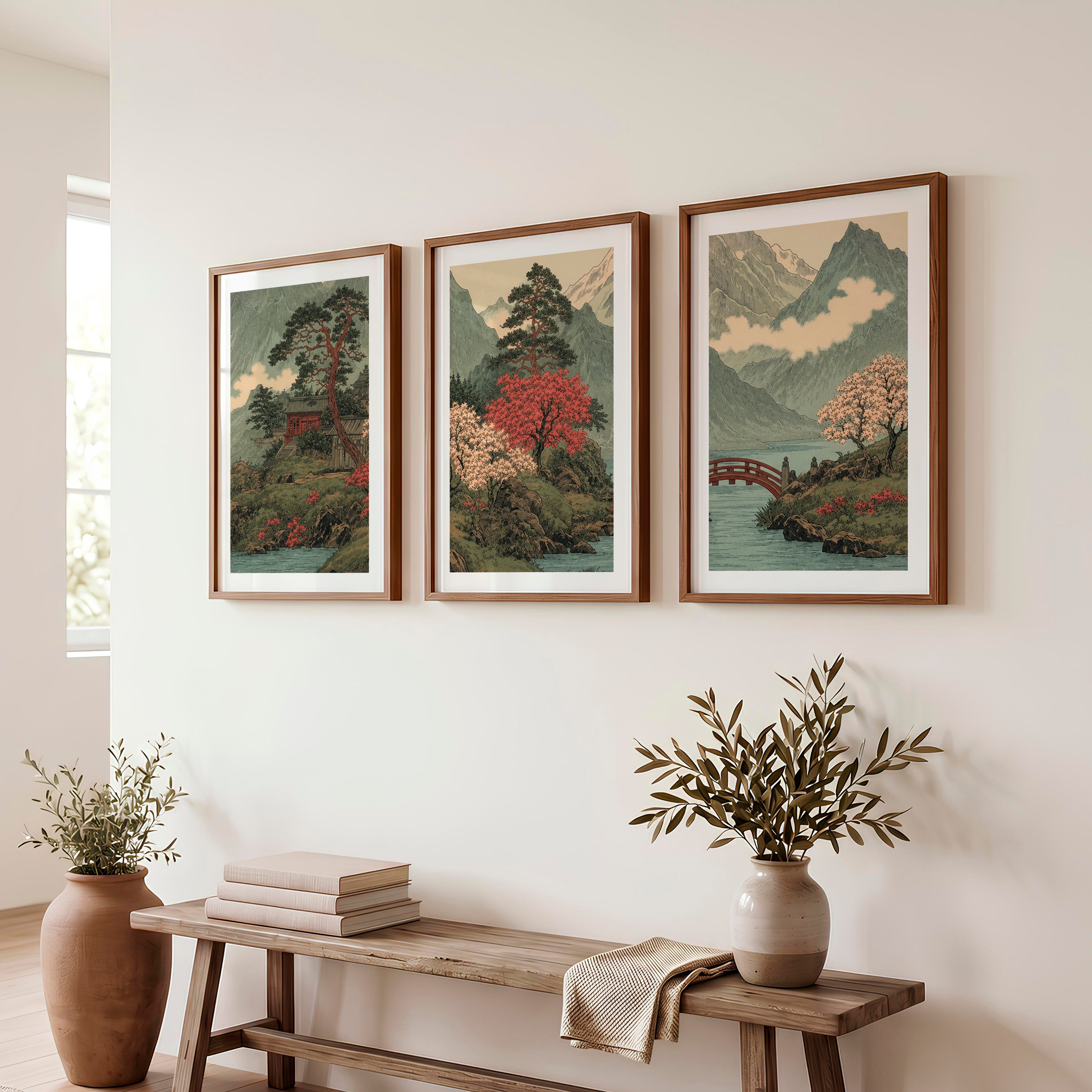 Japanese Art with Orange Sun and Flying Birds Triptych - Dark Brown Framed Poster with White Border - Artworksets