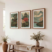 Japanese Art with Orange Sun and Flying Birds Triptych - Dark Brown Framed Poster with White Border - Artworksets