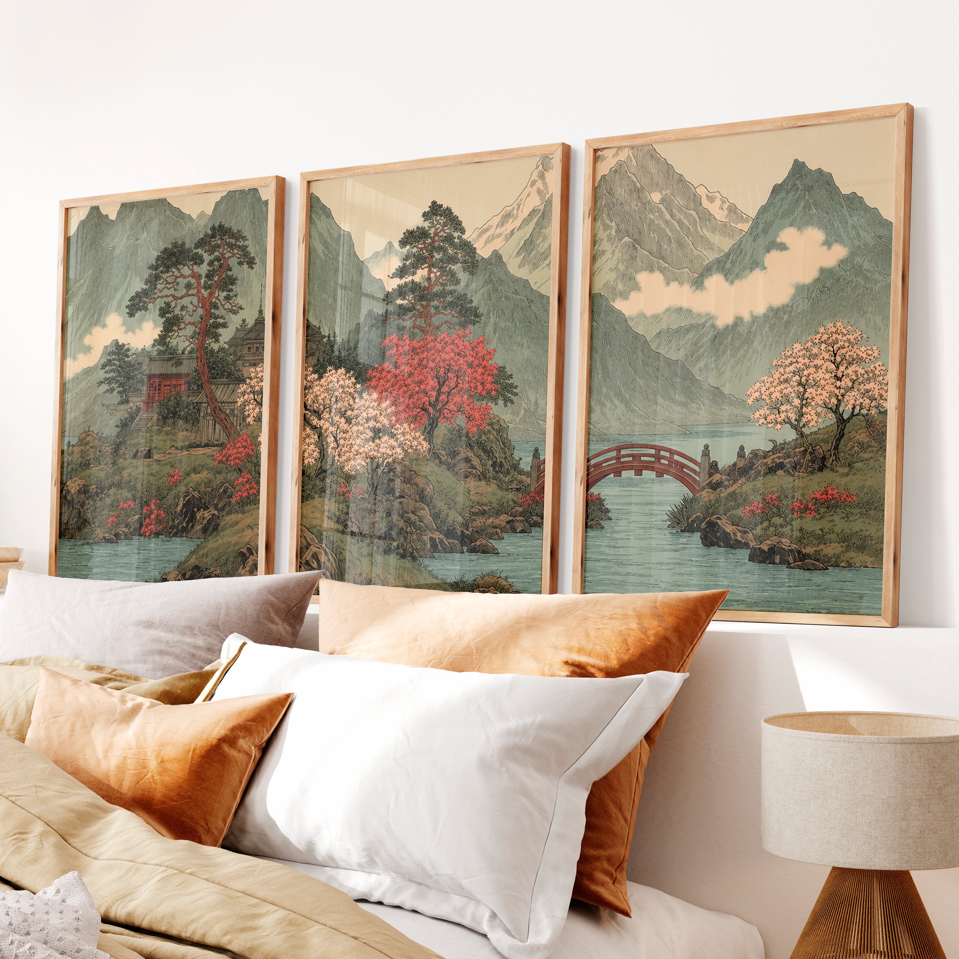Japanese Art with Orange Sun and Flying Birds Triptych - Natural Wood Framed Poster No Border - Artworksets