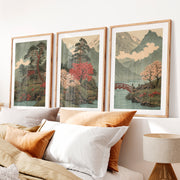 Japanese Art with Orange Sun and Flying Birds Triptych- Natural Wood Framed Poster with White Border - Artworksets