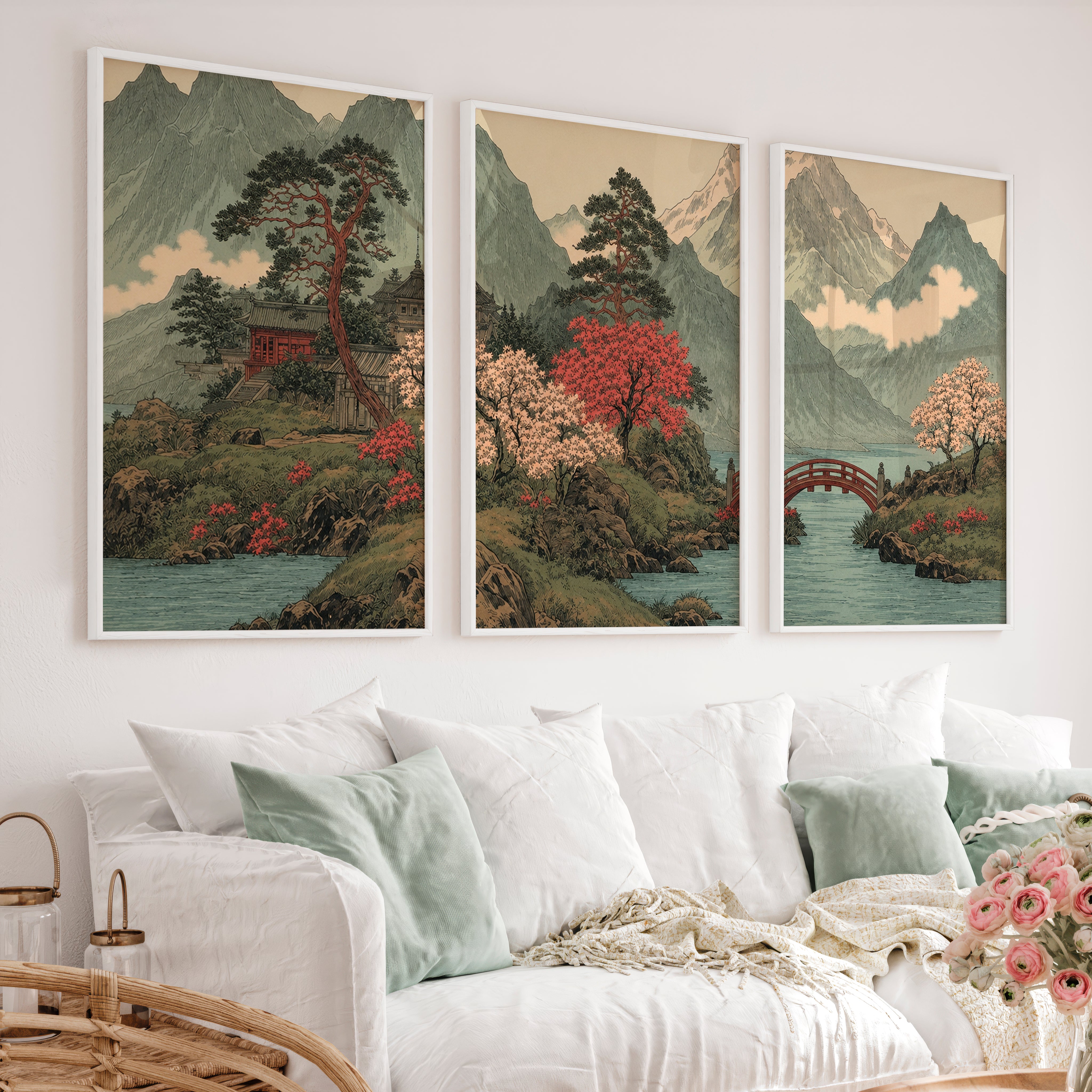 Japanese Art with Orange Sun and Flying Birds Triptych - White Framed Poster No Border - Artworksets