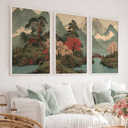 Japanese Art with Orange Sun and Flying Birds Triptych - White Framed Poster No Border - Artworksets