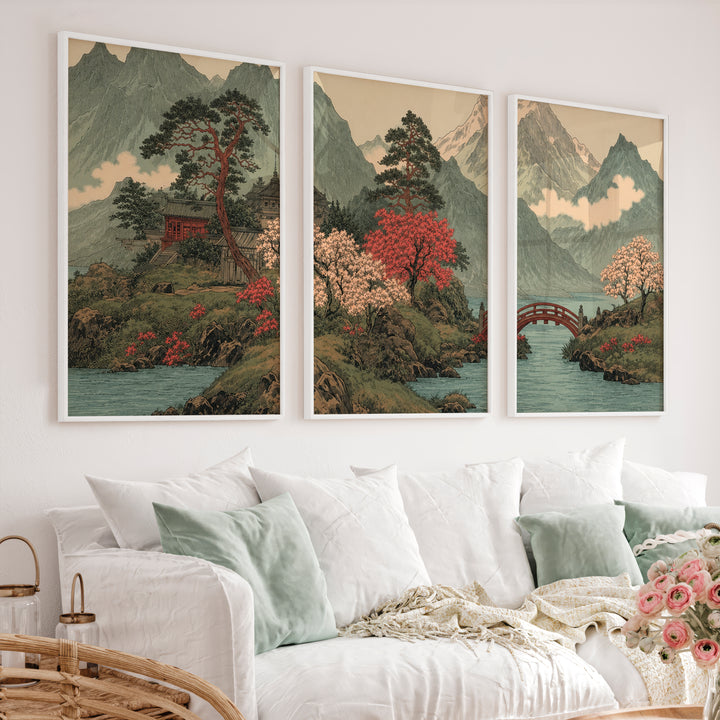 Japanese Art with Orange Sun and Flying Birds Triptych - White Framed Poster No Border - Artworksets
