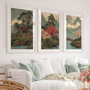 Japanese Art with Orange Sun and Flying Birds Triptych - White Framed Poster with White Border - Artworksets