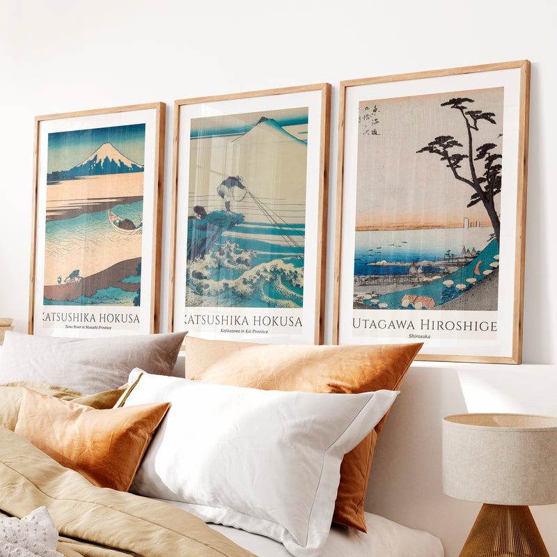 Mount Fuji japanese art poster Set- Natural Wood Framed Poster with White Border - Artworksets
