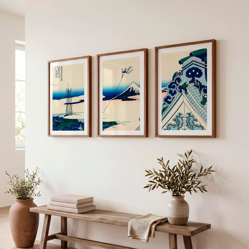Japanese Art Poster Featuring Twisted Pine in a Mountain Landscape - Dark Brown Framed Poster with White Border - Artworksets