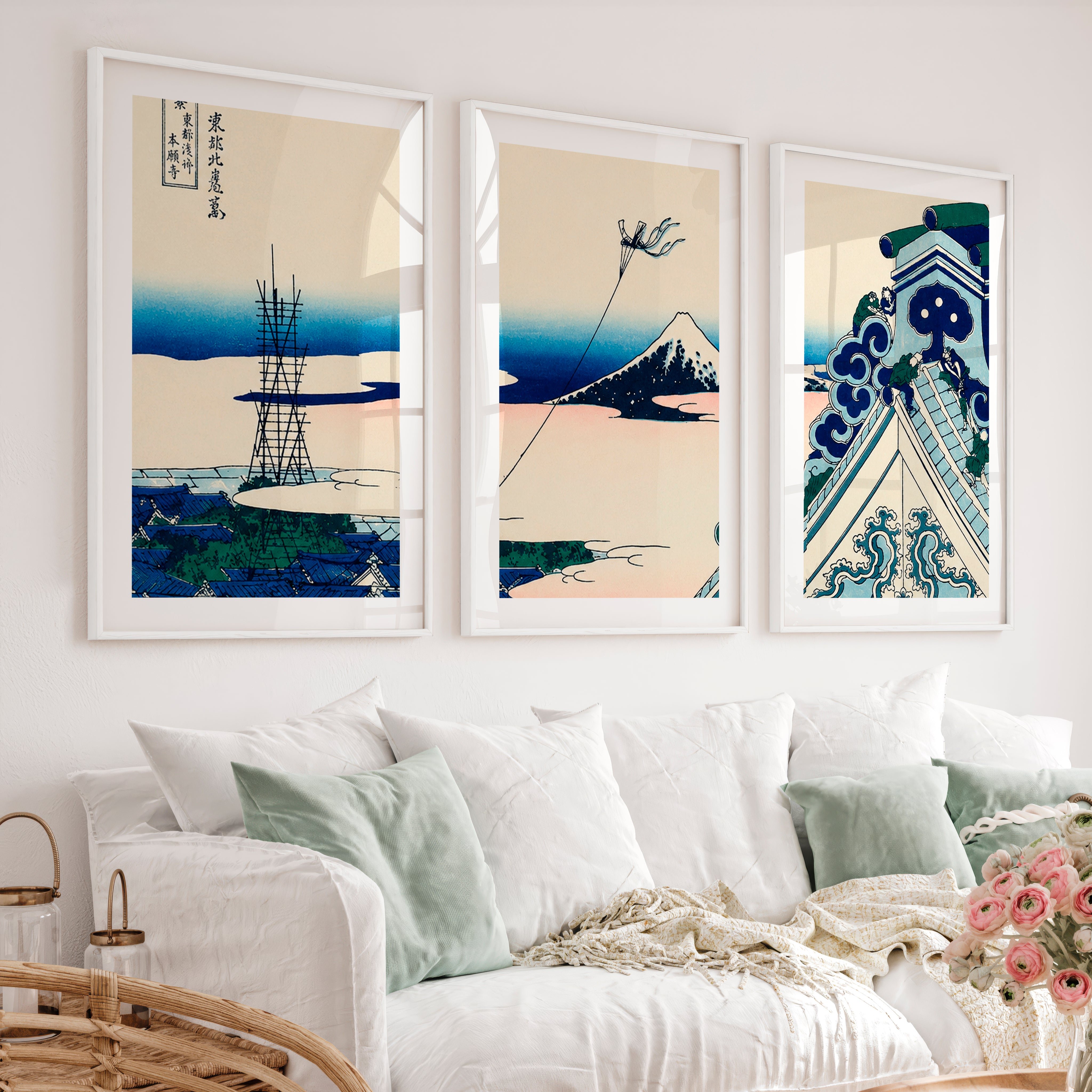 Japanese Art Poster Featuring Twisted Pine in a Mountain Landscape - White Framed Poster with White Border - Artworksets