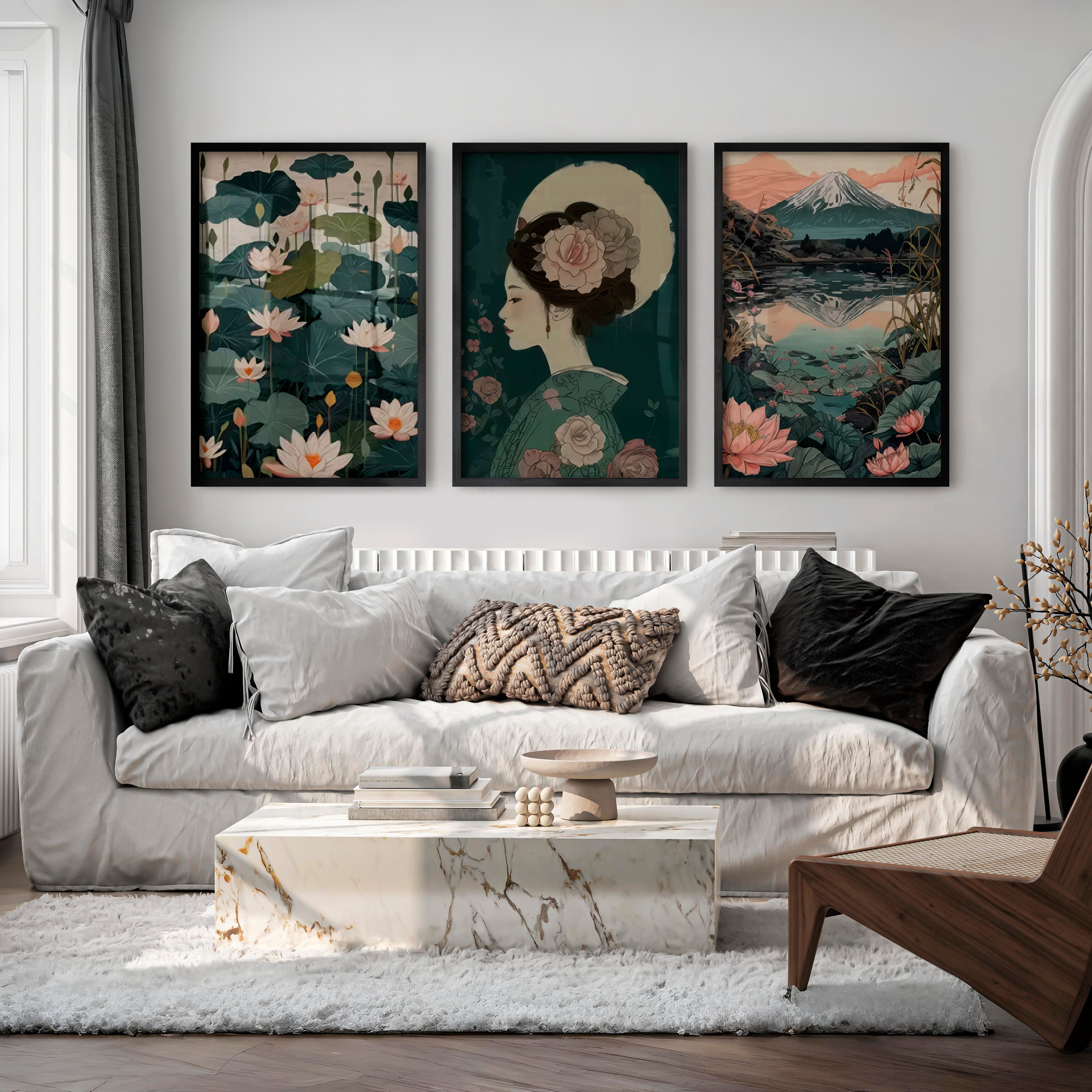 Lotus Geisha and Fuji Japanese Art Print Set - Black Framed Poster No Border - Artworksets