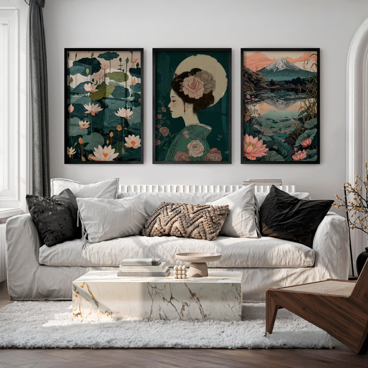 Lotus Geisha and Fuji Japanese Art Print Set - Black Framed Poster No Border - Artworksets