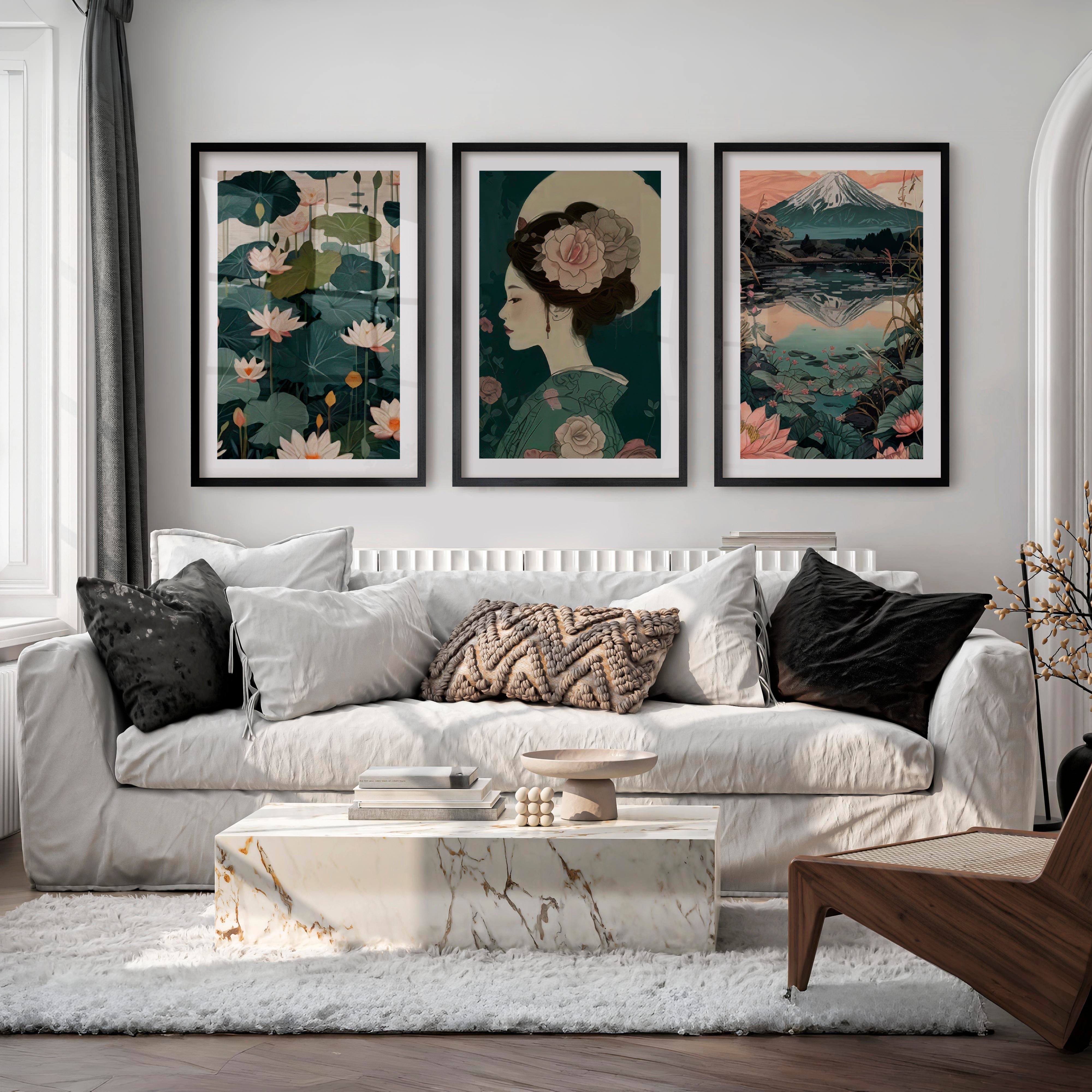 Lotus Geisha and Fuji Japanese Art Print Set - Black Framed Poster with White Border - Artworksets