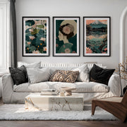 Lotus Geisha and Fuji Japanese Art Print Set - Black Framed Poster with White Border - Artworksets