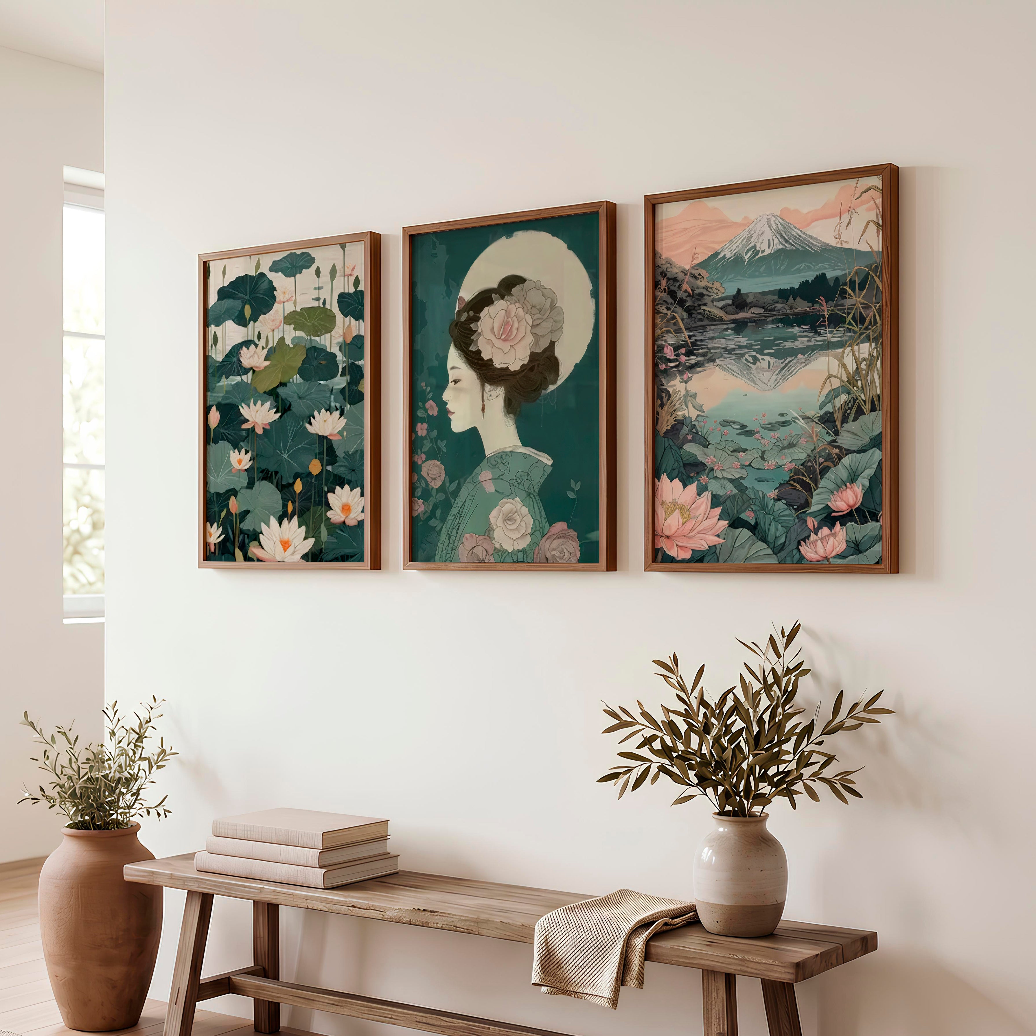 Lotus Geisha and Fuji Japanese Art Print Set - Dark Brown Framed Poster No Border - Artworksets
