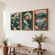 Lotus Geisha and Fuji Japanese Art Print Set - Dark Brown Framed Poster No Border - Artworksets