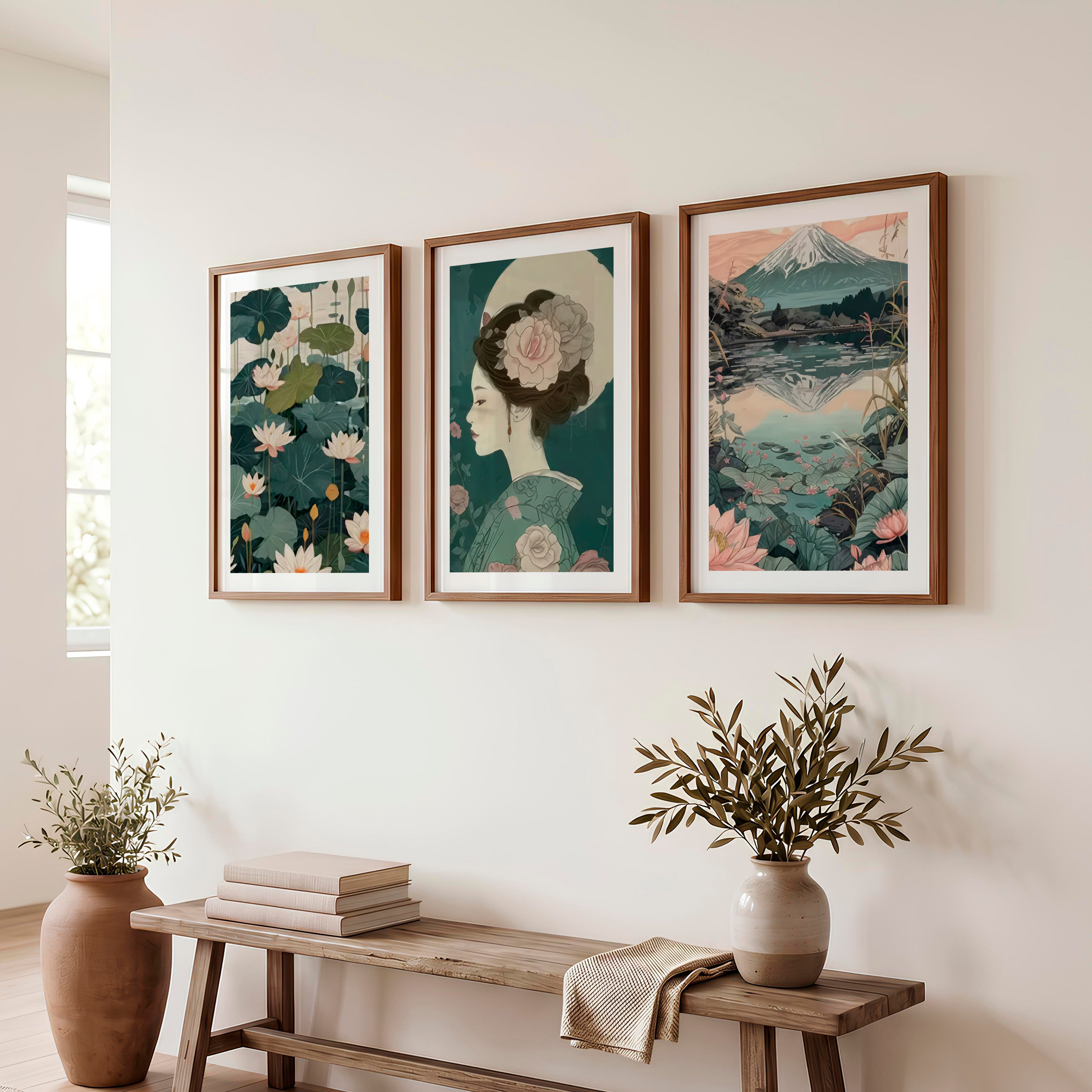 Lotus Geisha and Fuji Japanese Art Print Set - Dark Brown Framed Poster with White Border - Artworksets