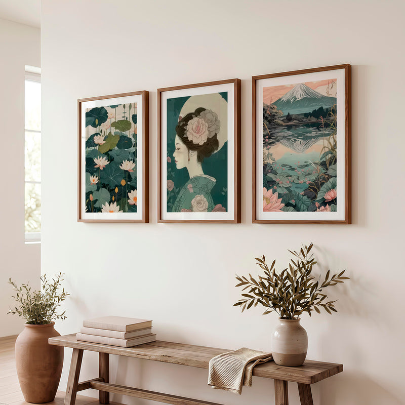Lotus Geisha and Fuji Japanese Art Print Set - Dark Brown Framed Poster with White Border - Artworksets