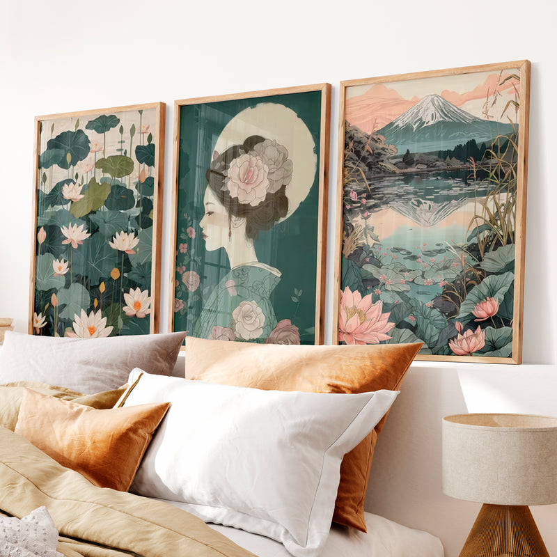 Lotus Geisha and Fuji Japanese Art Print Set - Natural Wood Framed Poster No Border - Artworksets