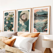 Lotus Geisha and Fuji Japanese Art Print Set- Natural Wood Framed Poster with White Border - Artworksets