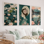 Lotus Geisha and Fuji Japanese Art Print Set - White Framed Poster No Border - Artworksets