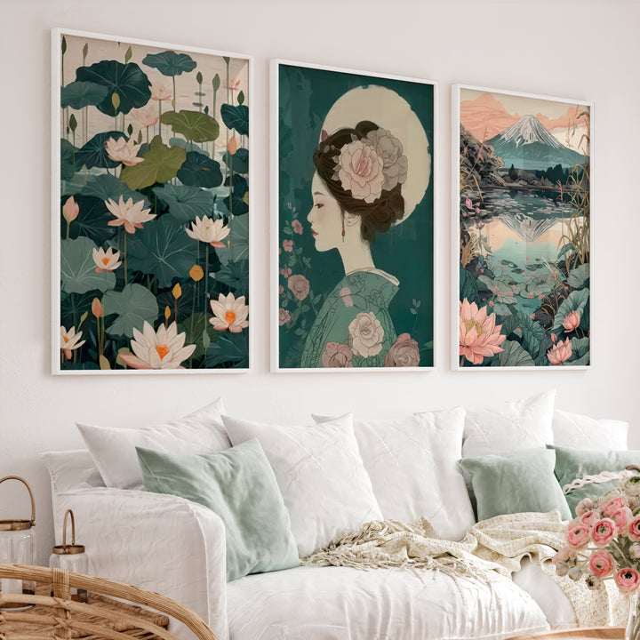 Lotus Geisha and Fuji Japanese Art Print Set - White Framed Poster No Border - Artworksets