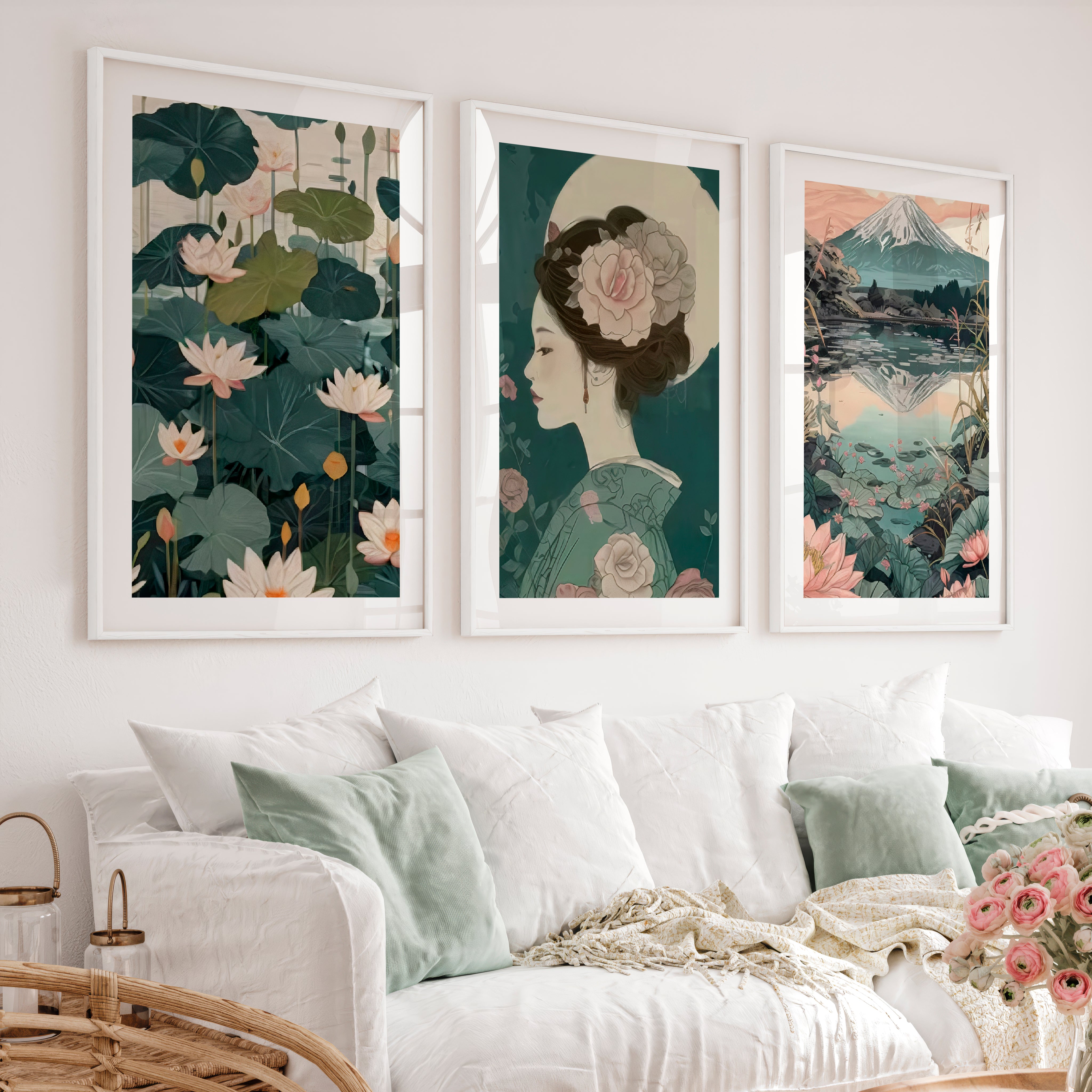 Lotus Geisha and Fuji Japanese Art Print Set - White Framed Poster with White Border - Artworksets