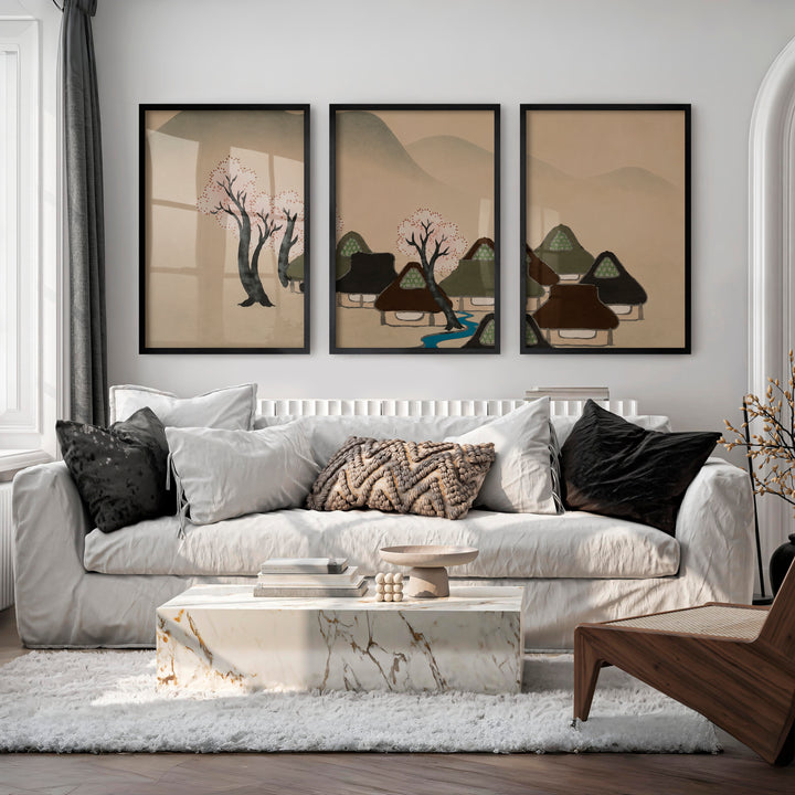 Japanese Art Print of Rolling Hills in Blue Triptych - Black Framed Poster No Border - Artworksets