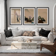 Japanese Art Print of Rolling Hills in Blue Triptych - Black Framed Poster with White Border - Artworksets