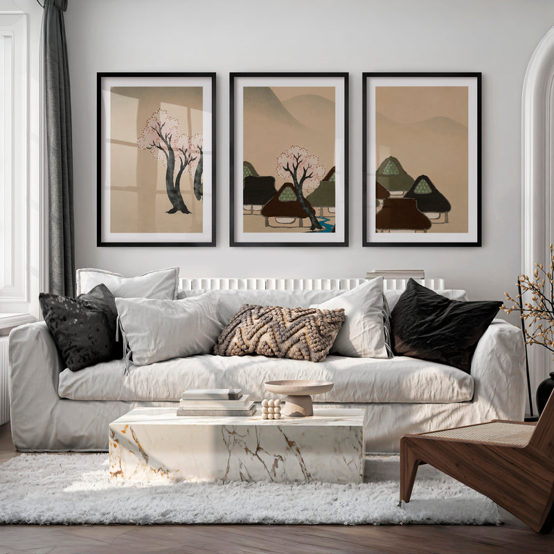 Japanese Art Print of Rolling Hills in Blue Triptych - Black Framed Poster with White Border - Artworksets
