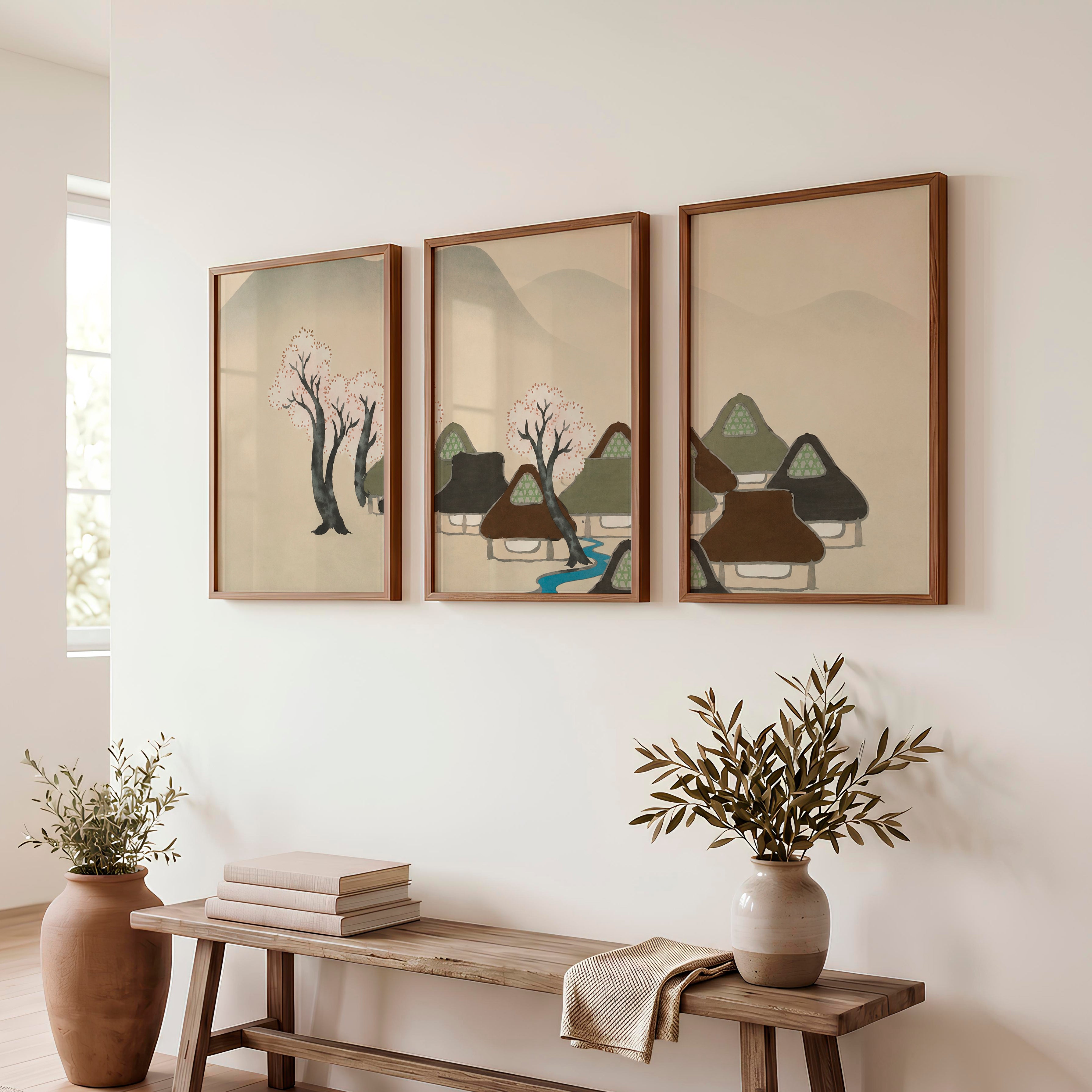 Japanese Art Print of Rolling Hills in Blue Triptych - Dark Brown Framed Poster No Border - Artworksets