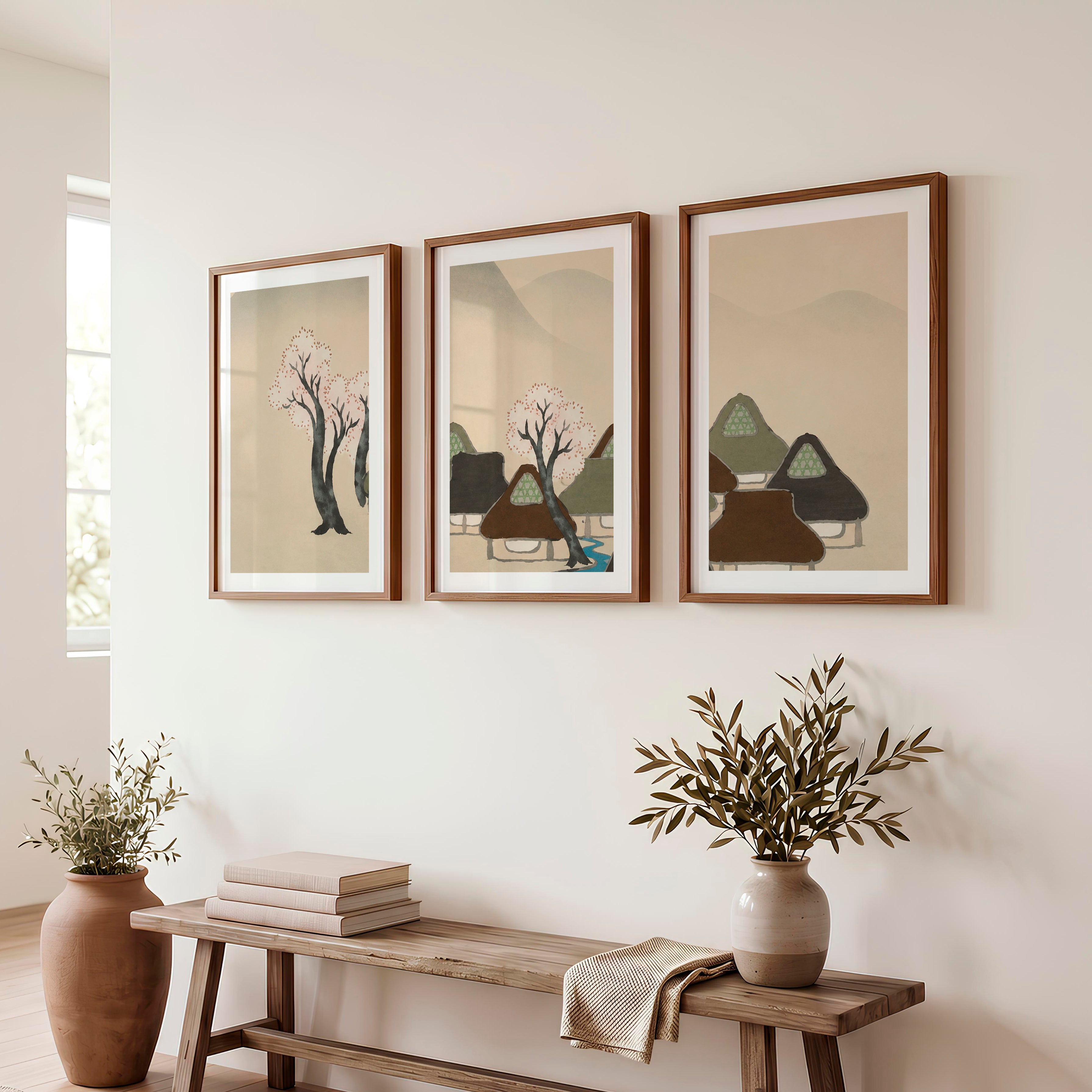 Japanese Art Print of Rolling Hills in Blue Triptych - Dark Brown Framed Poster with White Border - Artworksets