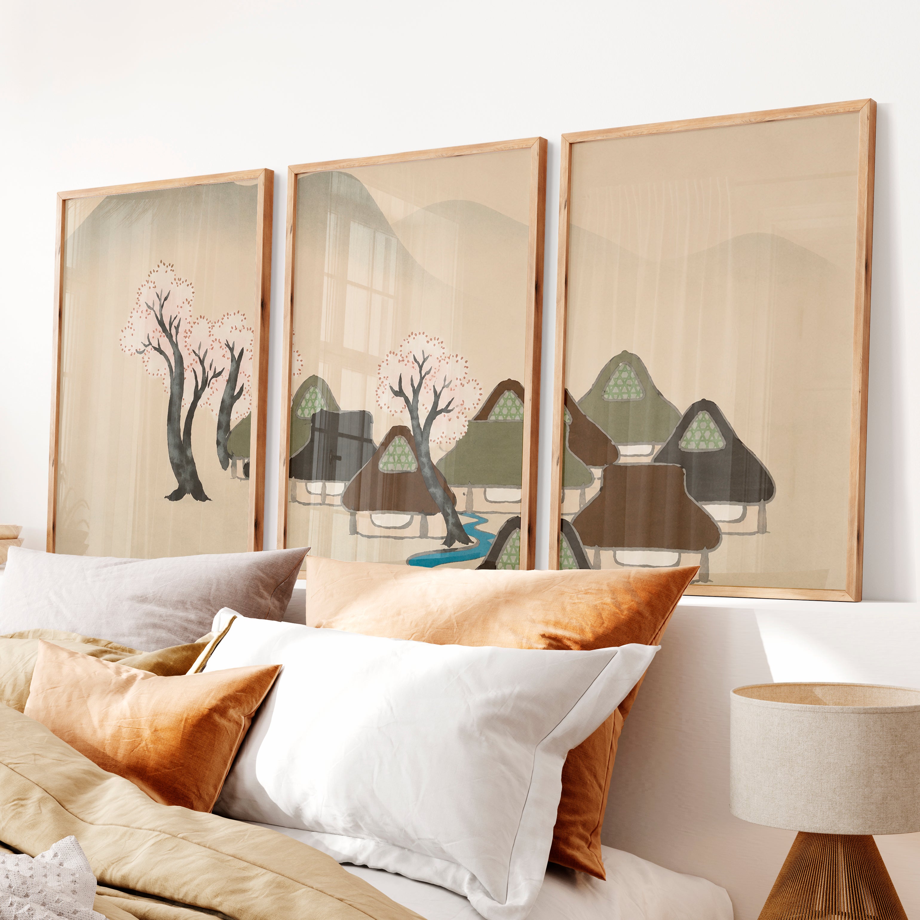 Japanese Art Print of Rolling Hills in Blue Triptych - Natural Wood Framed Poster No Border - Artworksets