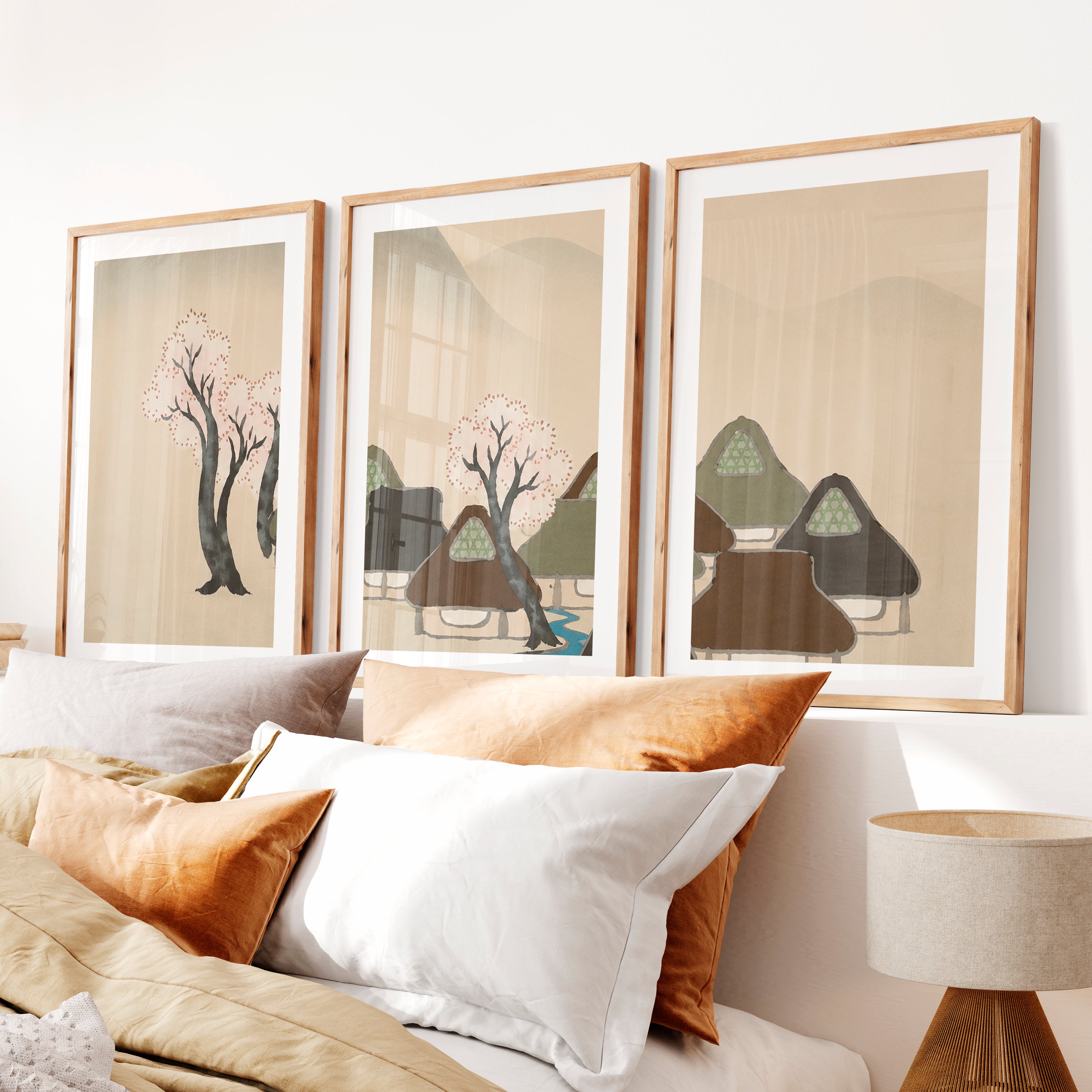 Japanese Art Print of Rolling Hills in Blue Triptych- Natural Wood Framed Poster with White Border - Artworksets