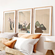 Japanese Art Print of Rolling Hills in Blue Triptych- Natural Wood Framed Poster with White Border - Artworksets