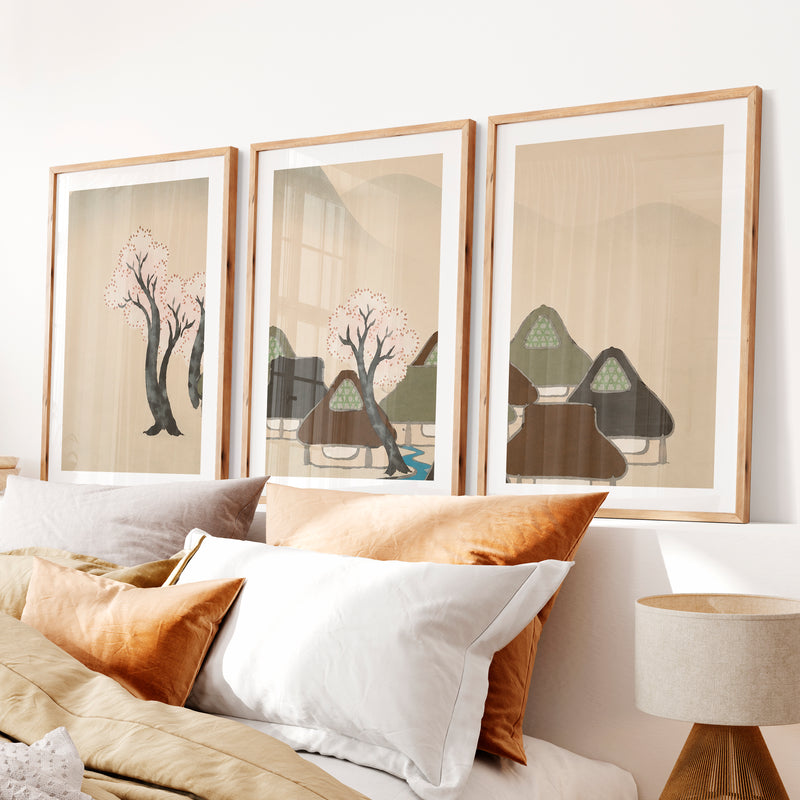 Japanese Art Print of Rolling Hills in Blue Triptych- Natural Wood Framed Poster with White Border - Artworksets
