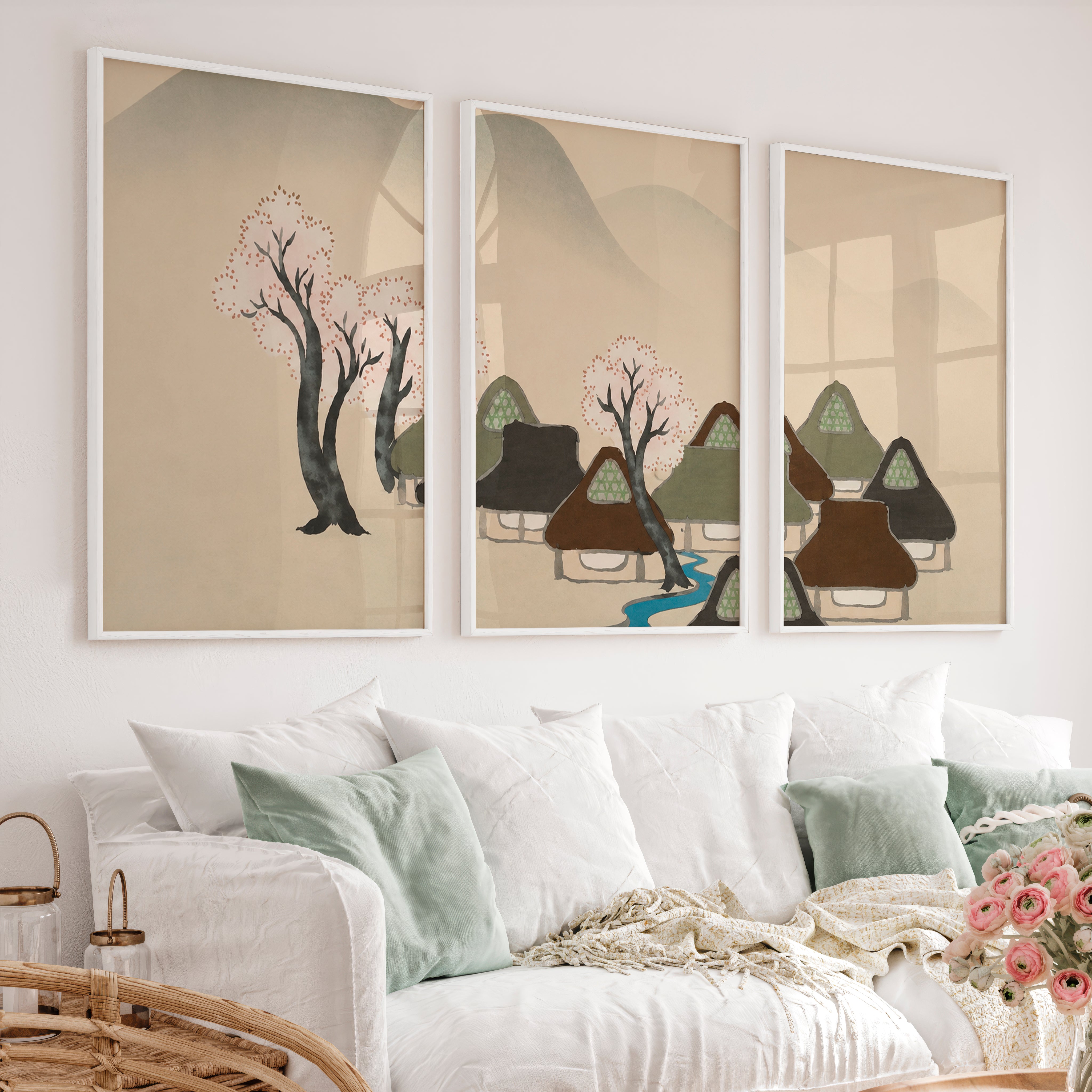 Japanese Art Print of Rolling Hills in Blue Triptych - White Framed Poster No Border - Artworksets