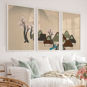 Japanese Art Print of Rolling Hills in Blue Triptych - White Framed Poster No Border - Artworksets
