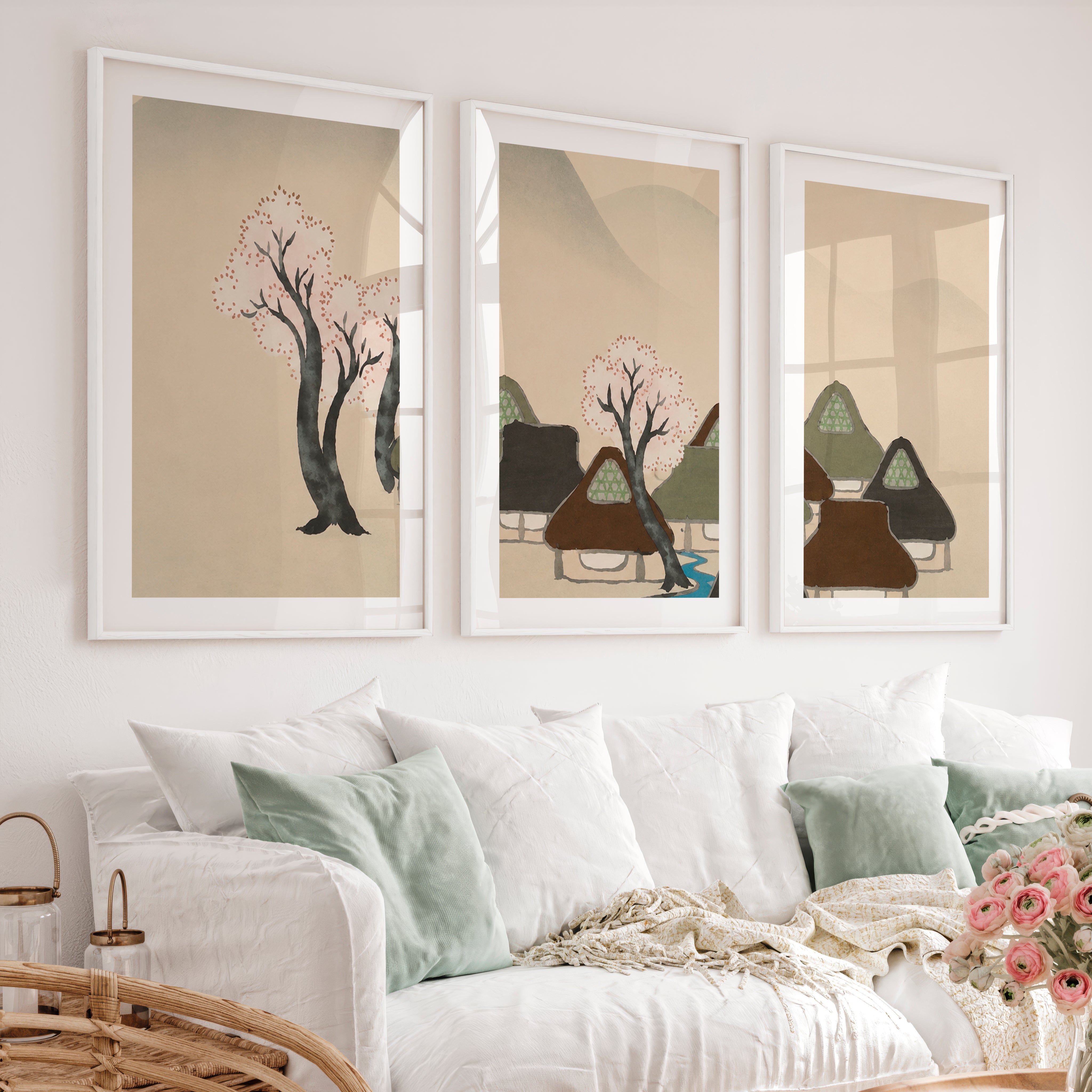Japanese Art Print of Rolling Hills in Blue Triptych - White Framed Poster with White Border - Artworksets