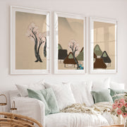 Japanese Art Print of Rolling Hills in Blue Triptych - White Framed Poster with White Border - Artworksets