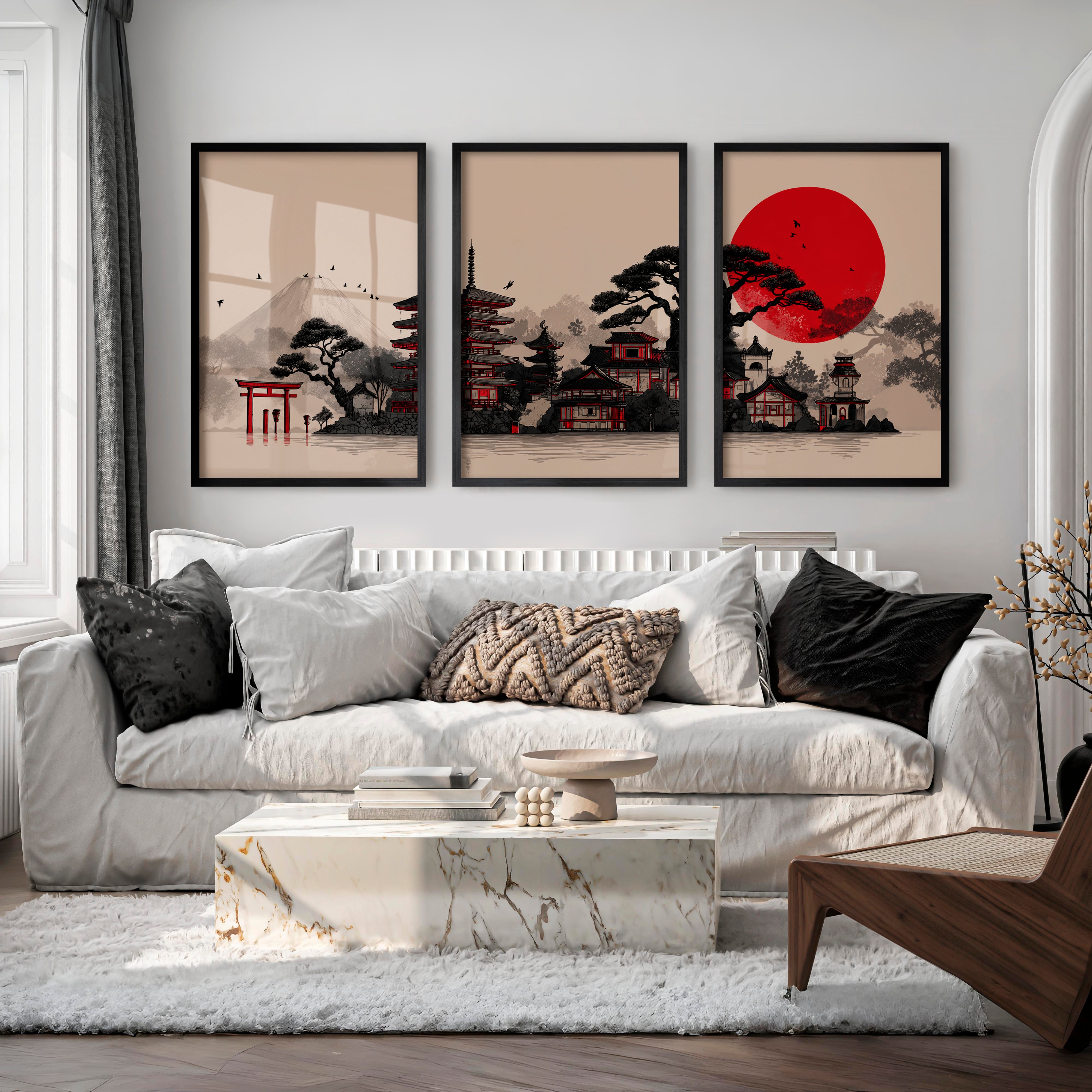 Japanese Art Print Featuring Twisted Pine and Full Moon - Black Framed Poster No Border - Artworksets