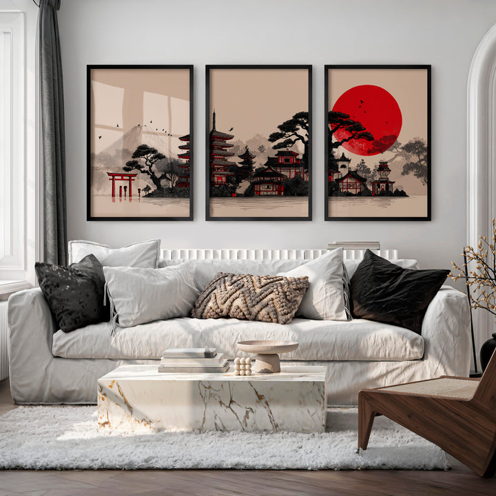 Japanese Art Print Featuring Twisted Pine and Full Moon - Black Framed Poster No Border - Artworksets