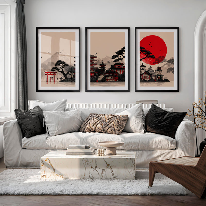 Japanese Art Print Featuring Twisted Pine and Full Moon - Black Framed Poster with White Border - Artworksets