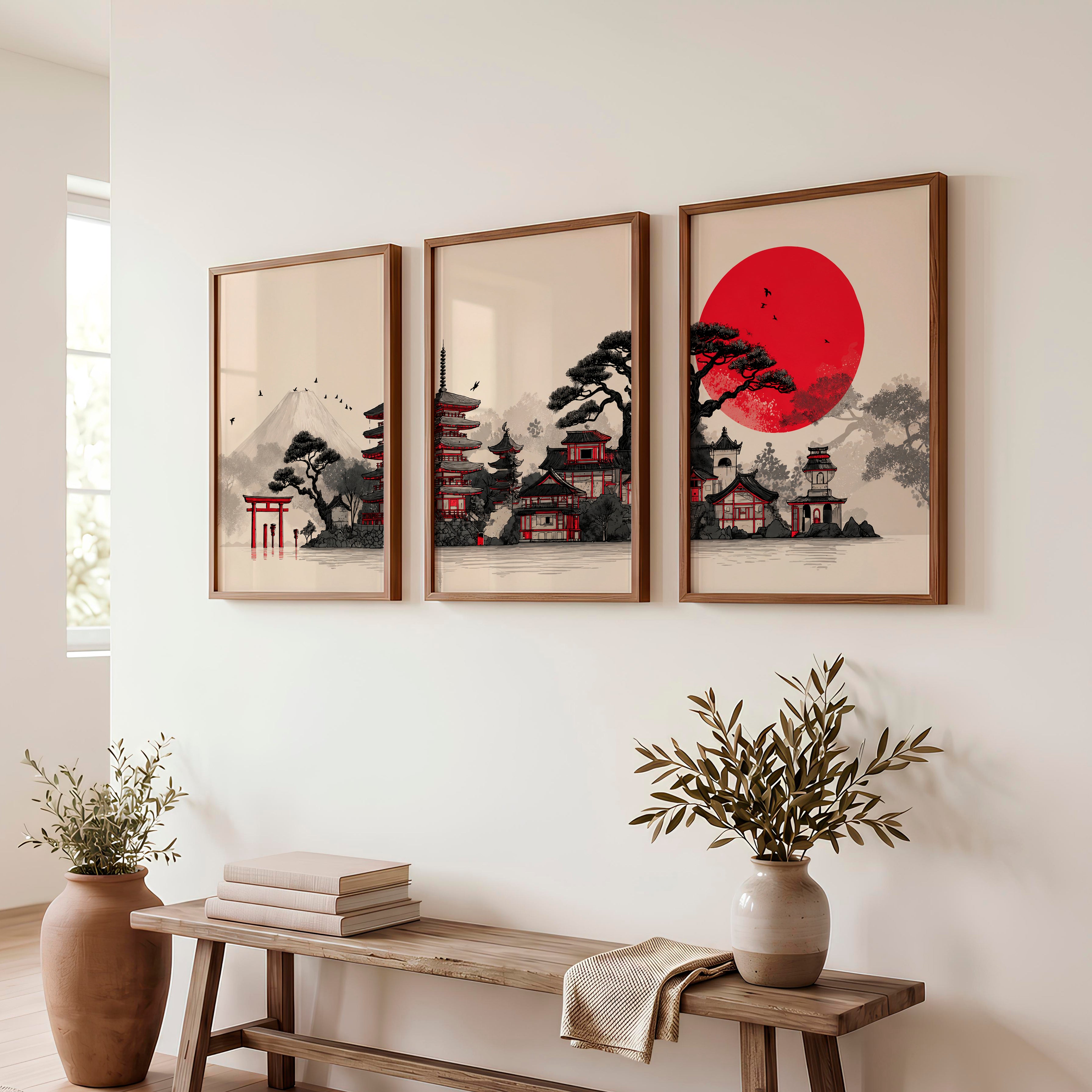 Japanese Art Print Featuring Twisted Pine and Full Moon - Dark Brown Framed Poster No Border - Artworksets