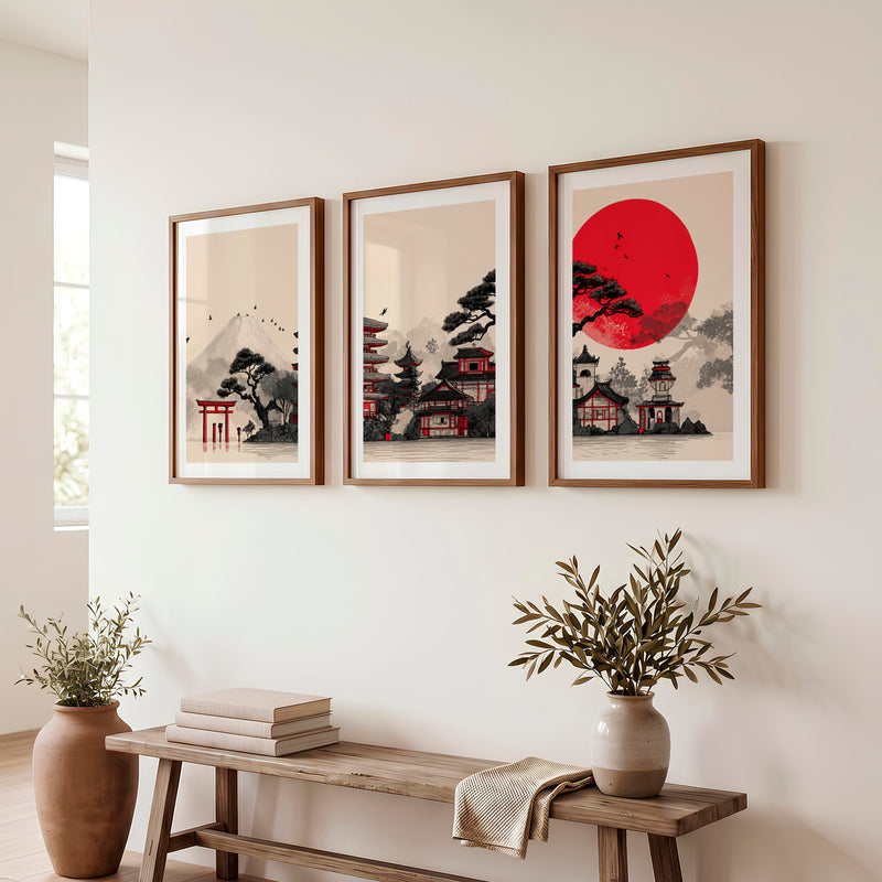 Japanese Art Print Featuring Twisted Pine and Full Moon - Dark Brown Framed Poster with White Border - Artworksets