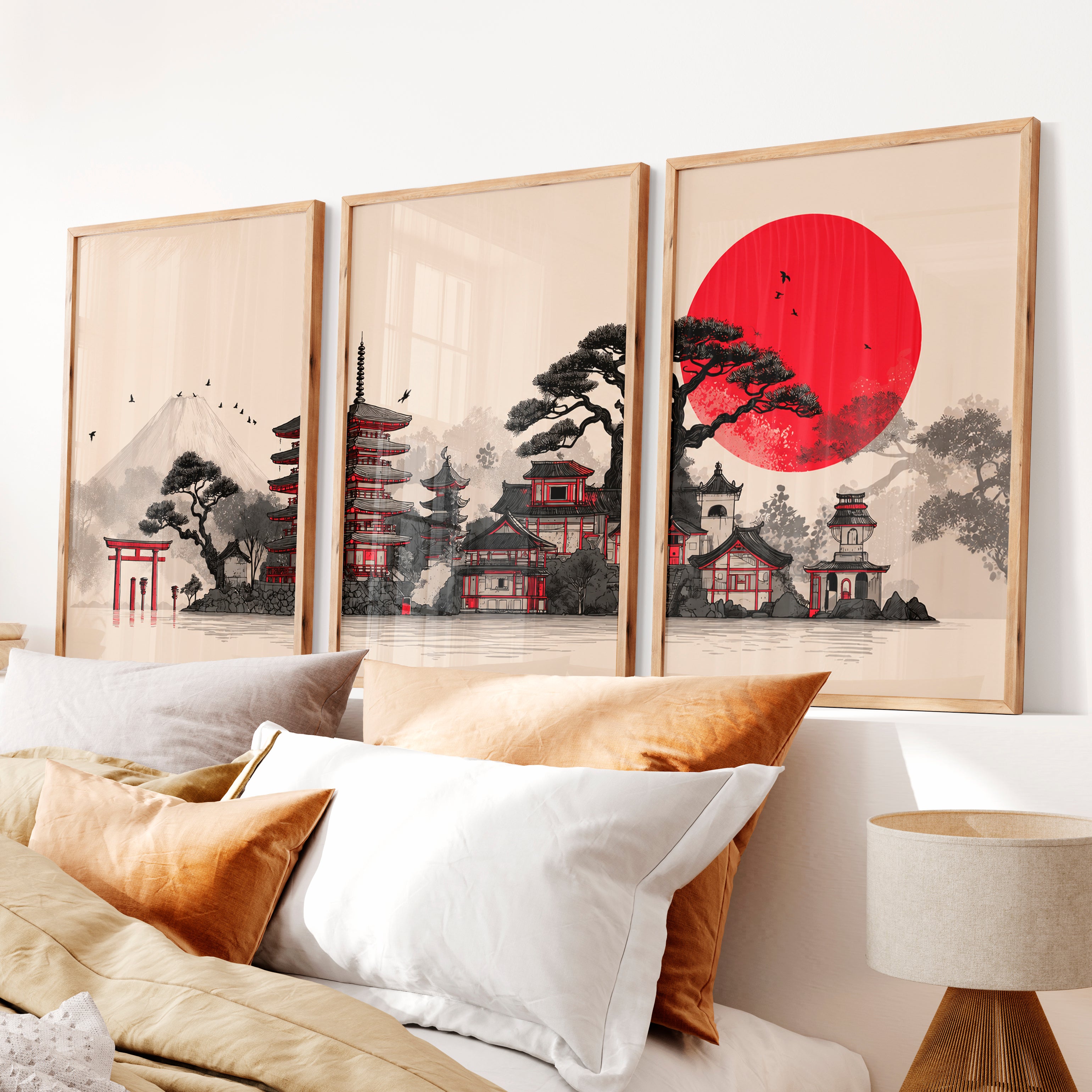 Japanese Art Print Featuring Twisted Pine and Full Moon - Natural Wood Framed Poster No Border - Artworksets