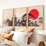 Japanese Art Print Featuring Twisted Pine and Full Moon - Natural Wood Framed Poster No Border - Artworksets