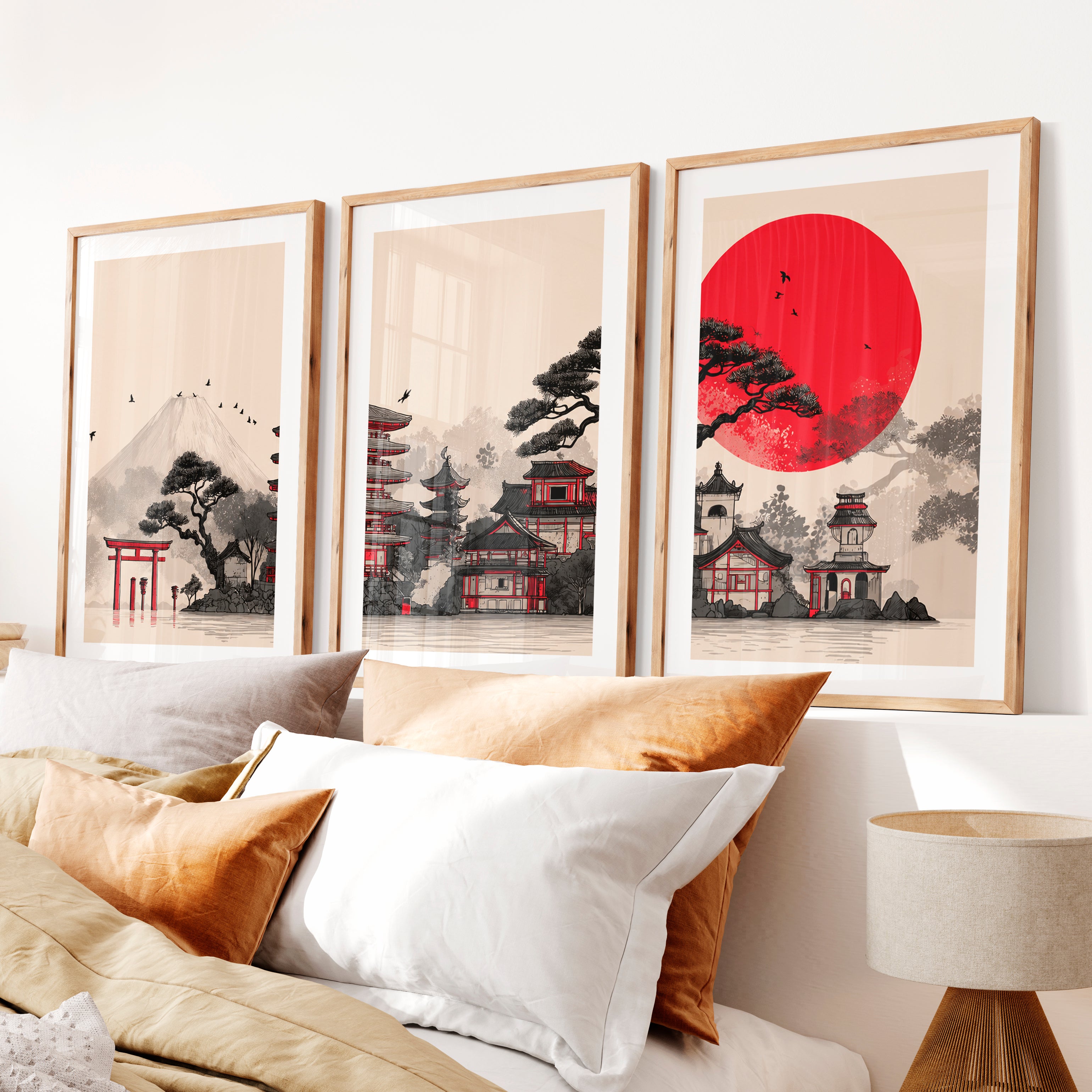 Japanese Art Print Featuring Twisted Pine and Full Moon- Natural Wood Framed Poster with White Border - Artworksets