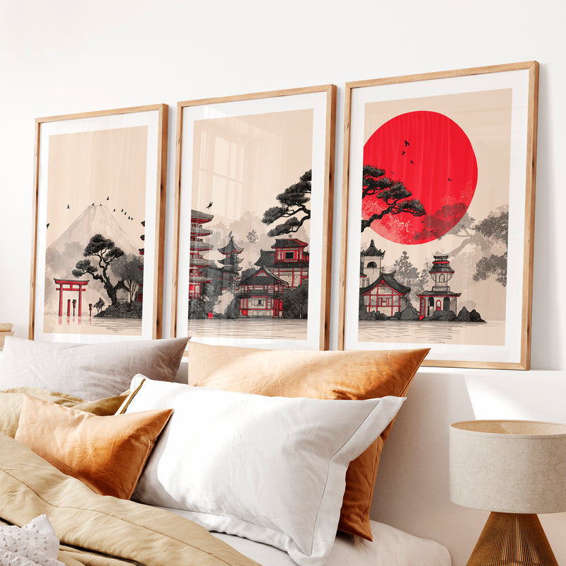 Japanese Art Print Featuring Twisted Pine and Full Moon- Natural Wood Framed Poster with White Border - Artworksets