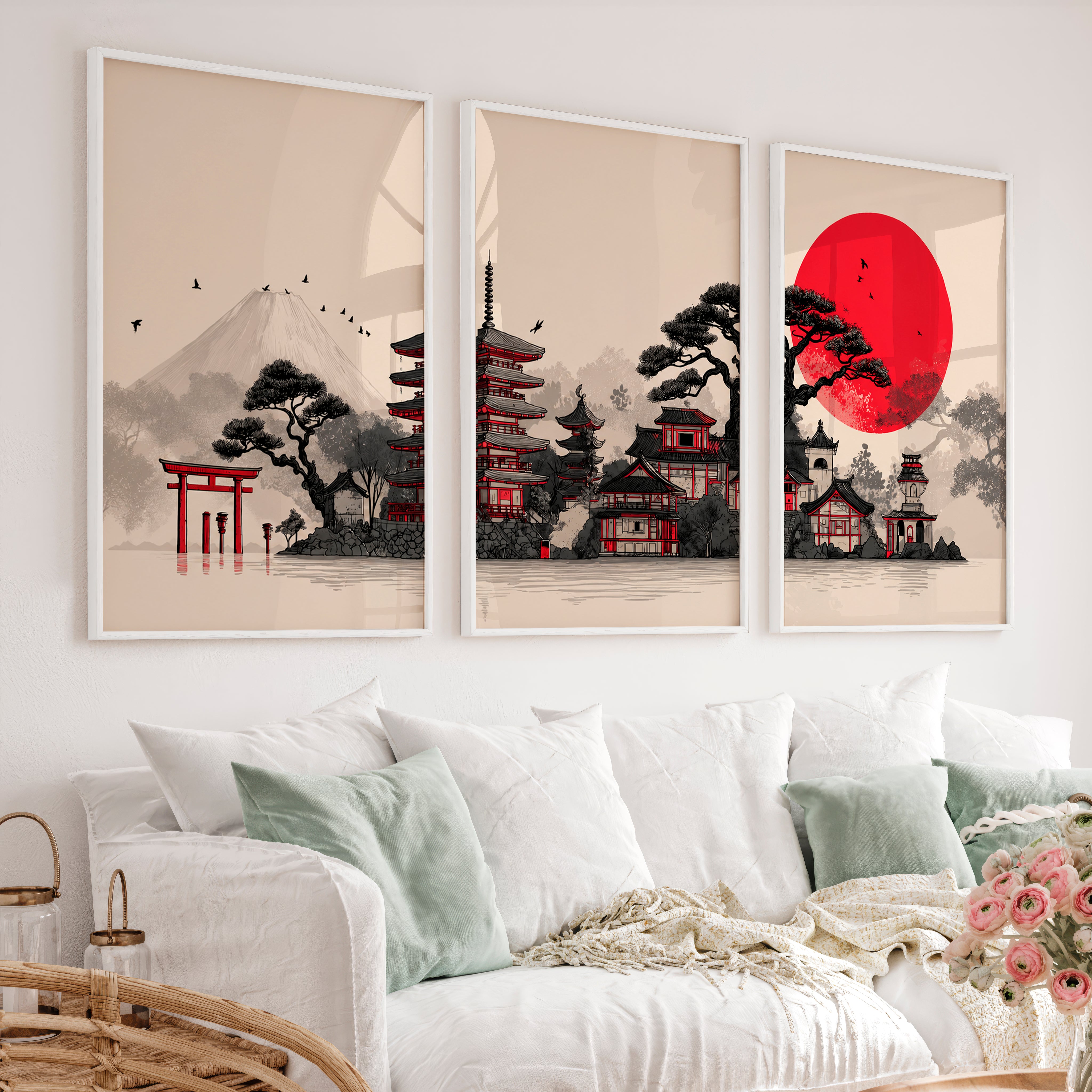 Japanese Art Print Featuring Twisted Pine and Full Moon - White Framed Poster No Border - Artworksets