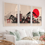 Japanese Art Print Featuring Twisted Pine and Full Moon - White Framed Poster No Border - Artworksets
