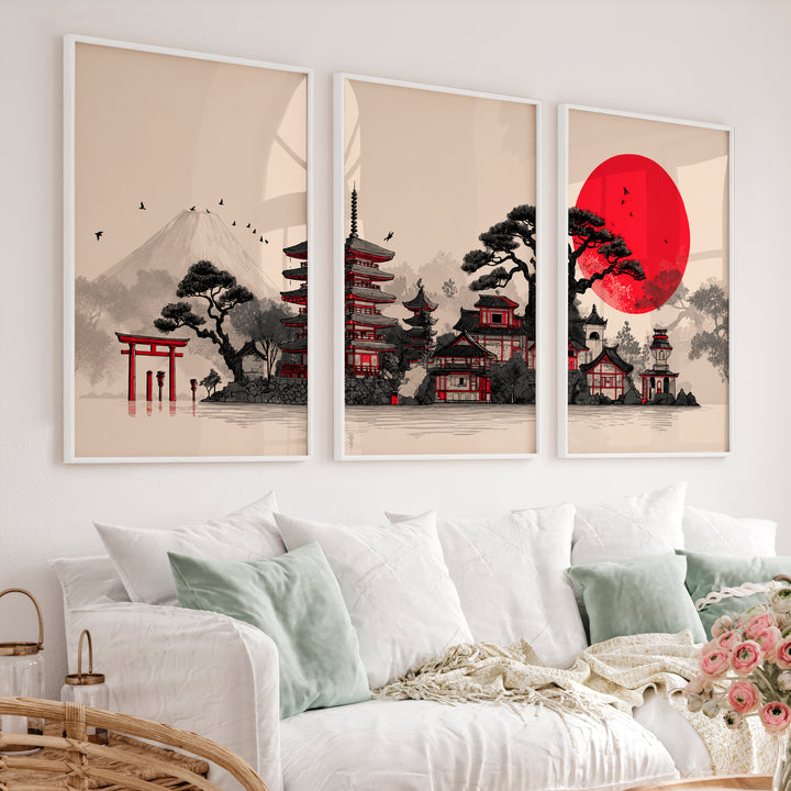 Japanese Art Print Featuring Twisted Pine and Full Moon - White Framed Poster No Border - Artworksets